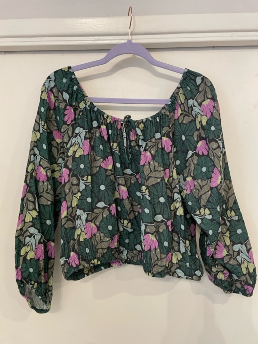 Marine Layer Green Floral Puff-Sleeve Crop Top